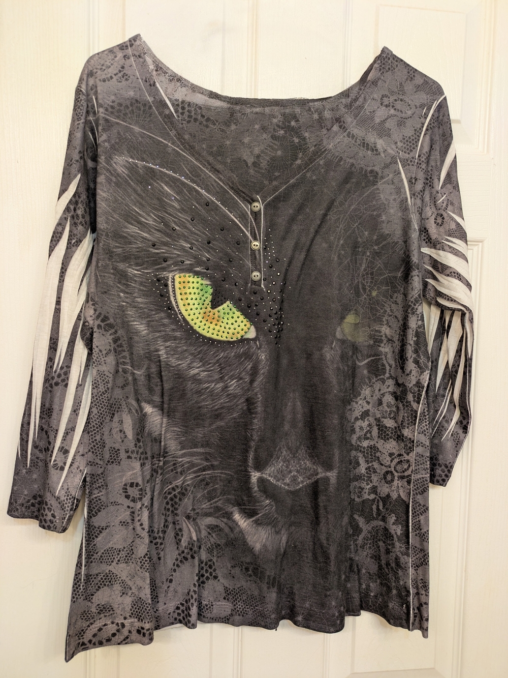 live and let live Black Gray Cat Eye Print Top with Rhinestone Accent